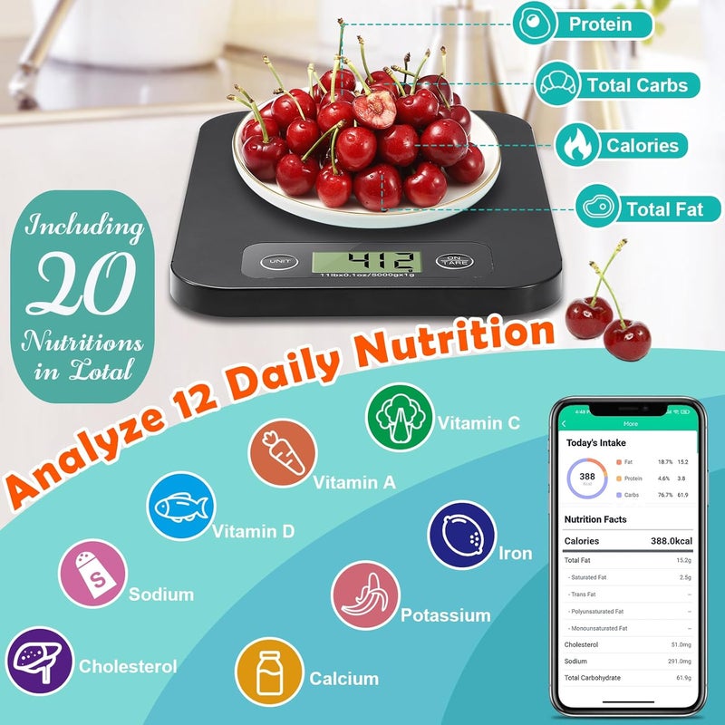 URAMAZ Food Scale with Nutritional Calculator, Digital Food Scales for Kitchen Scale Grams and Ounces, Smart Food Weight Scale for Weight Loss, 20 Nutrients Tracking, Diet, Calories, Meal Prep, 11lb - Image 2